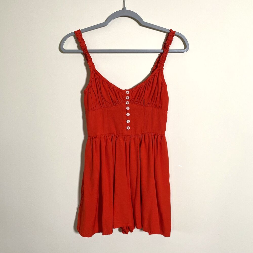 Urban Outfitters Women's Red Smocked Romper With Buttons Size XS Casual Feminine